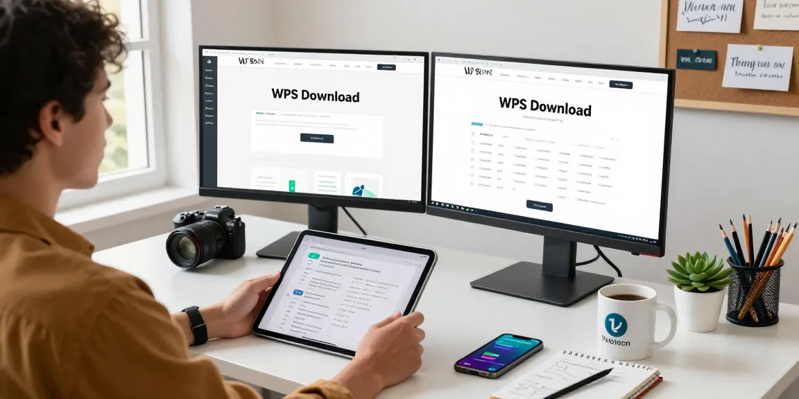 WPS Download page displayed on screens in a modern home office setup.