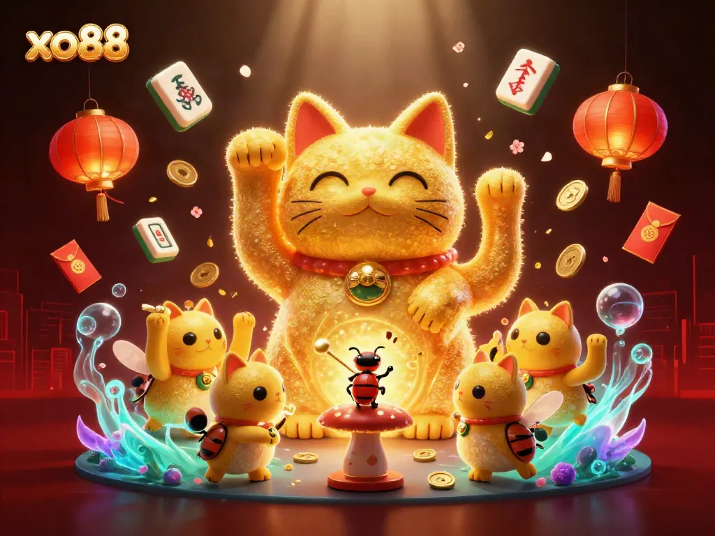 Experience the excitement of xo88 with a lively animated lucky cat and vibrant casino-themed elements swirling around.