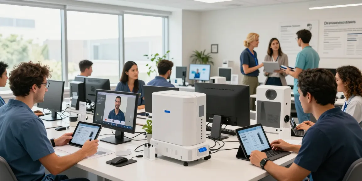 Medical device distributors team demonstrating high-tech equipment in a modern office environment with vibrant interaction.