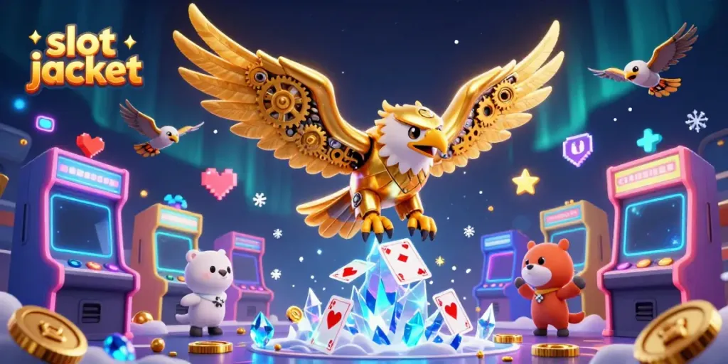 Experience the thrill of slot jackpot action with a captivating 3D golden eagle diving through colorful casino elements.