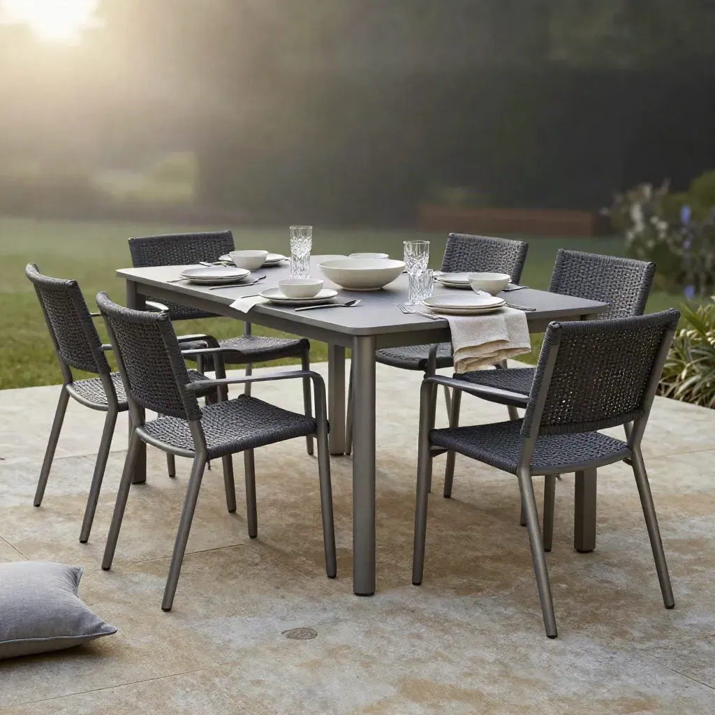 Six-piece outdoor dining set on a stone patio with ceramic serveware at dusk.