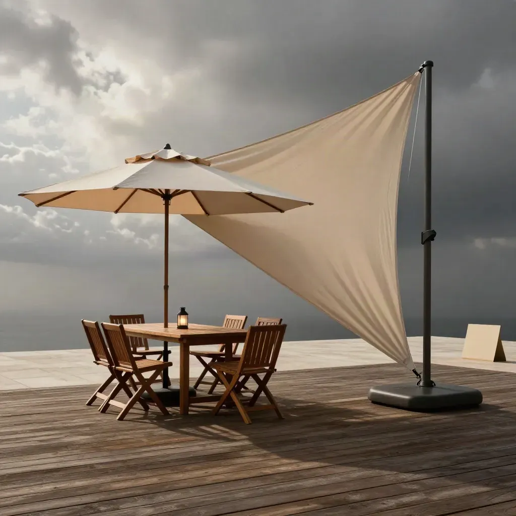 Umbrella and shade sail opening over a cedar deck with chairs and lantern in moody light