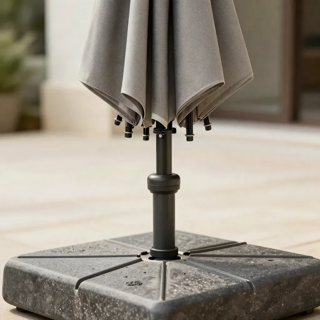 Closed cantilever umbrella close-up on wet stone with mist and soft light.