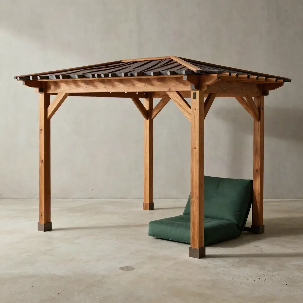 Overhead flatlay of cedar pergola parts with a green cushion sample on concrete.
