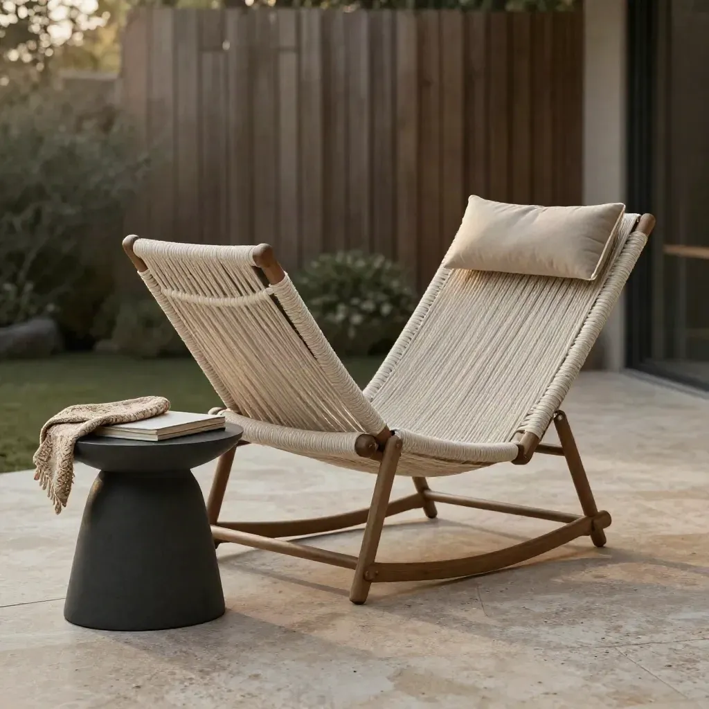 Luna Patio Lounger on travertine with side table, throw and book, lit by soft late-afternoon sun