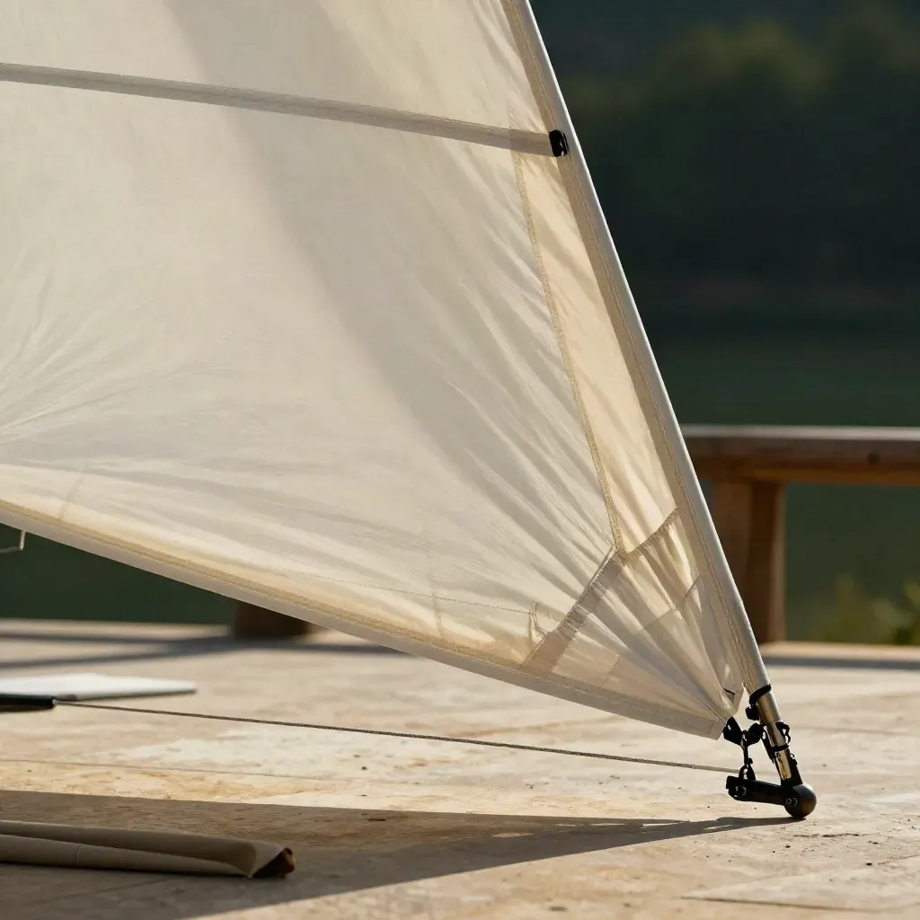 Taut willow shade sail clipped in wind over pale stone, close-up of fabric and hardware
