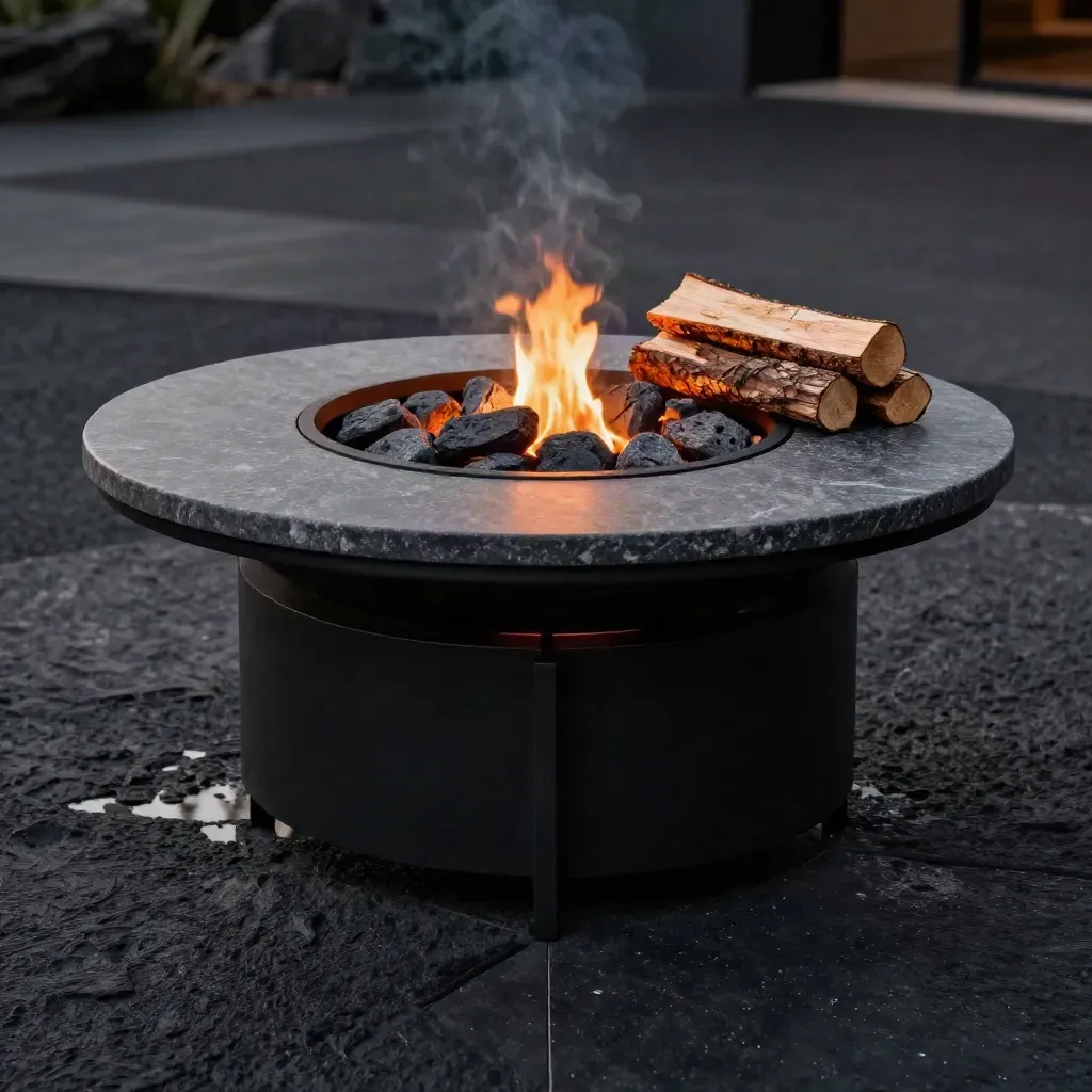 Low-angle fire pit table with glowing lava rocks, split logs, and smoke on a dark patio slab.
