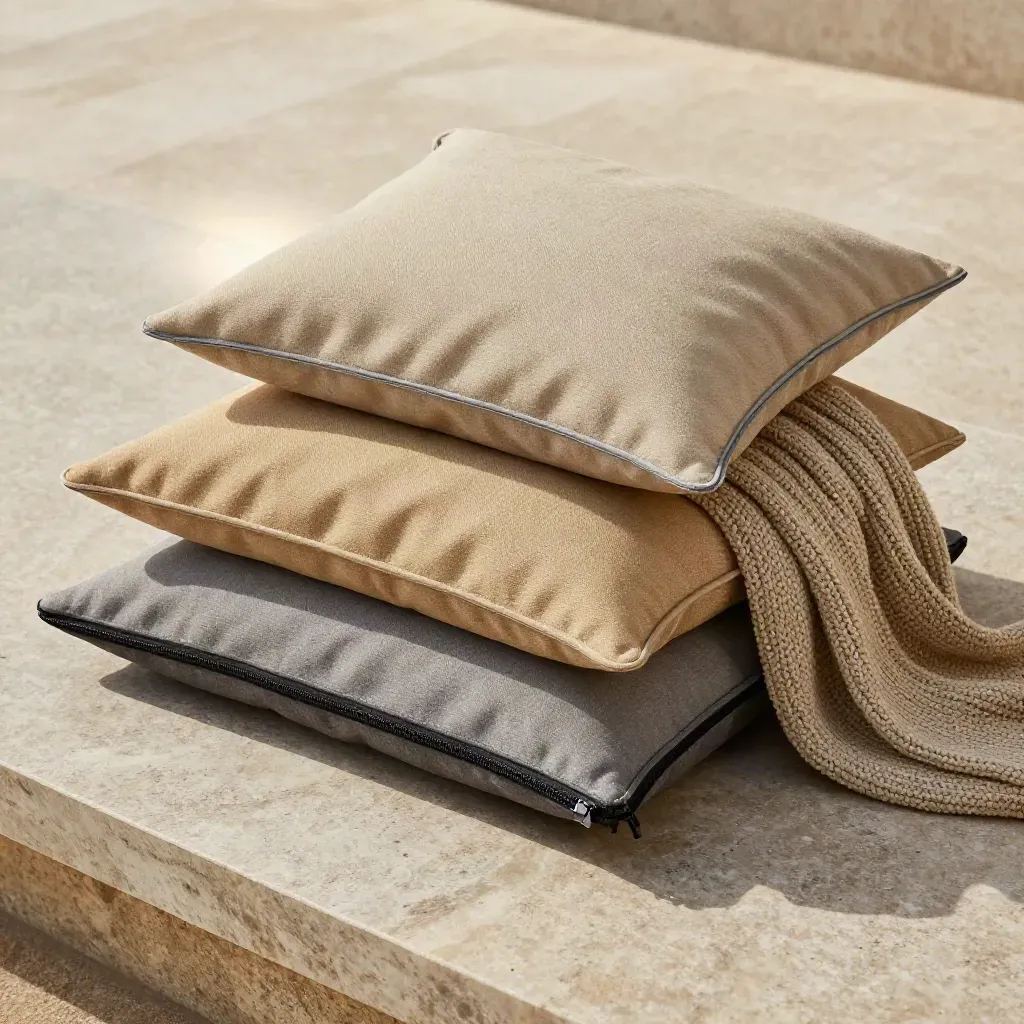 Overhead stack of outdoor cushions and a knit throw on pale limestone, softly lit.