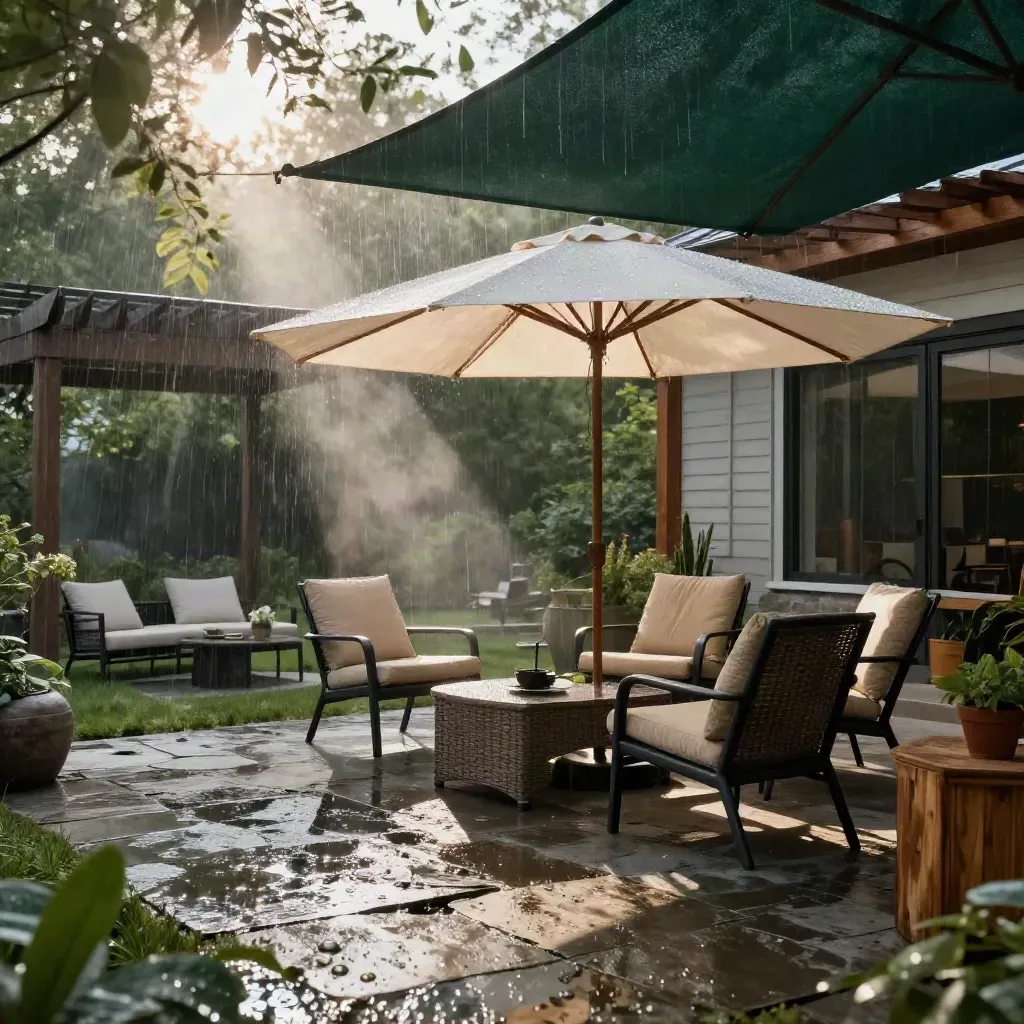 Rainy patio with canopy sail, umbrella, pergola edge, and chairs in bright sunbreak.