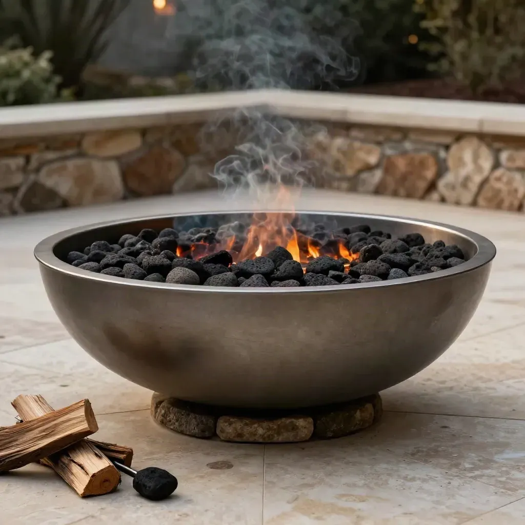 Matte steel round patio fire bowl glowing on travertine with cedar logs