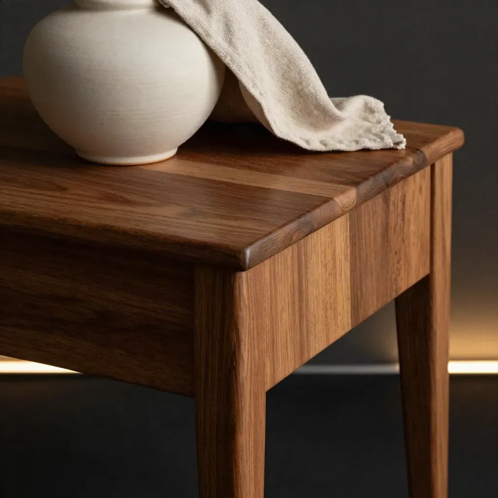 Teak-look side table corner with ceramic vessel and folded linen in dramatic studio light.
