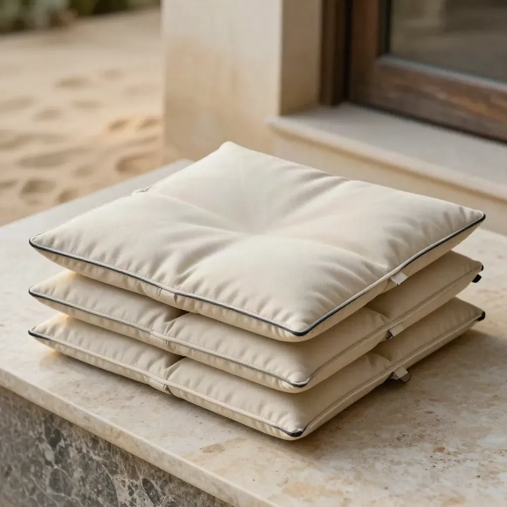 Four oatmeal outdoor seat cushions with charcoal piping fanned open on a travertine ledge