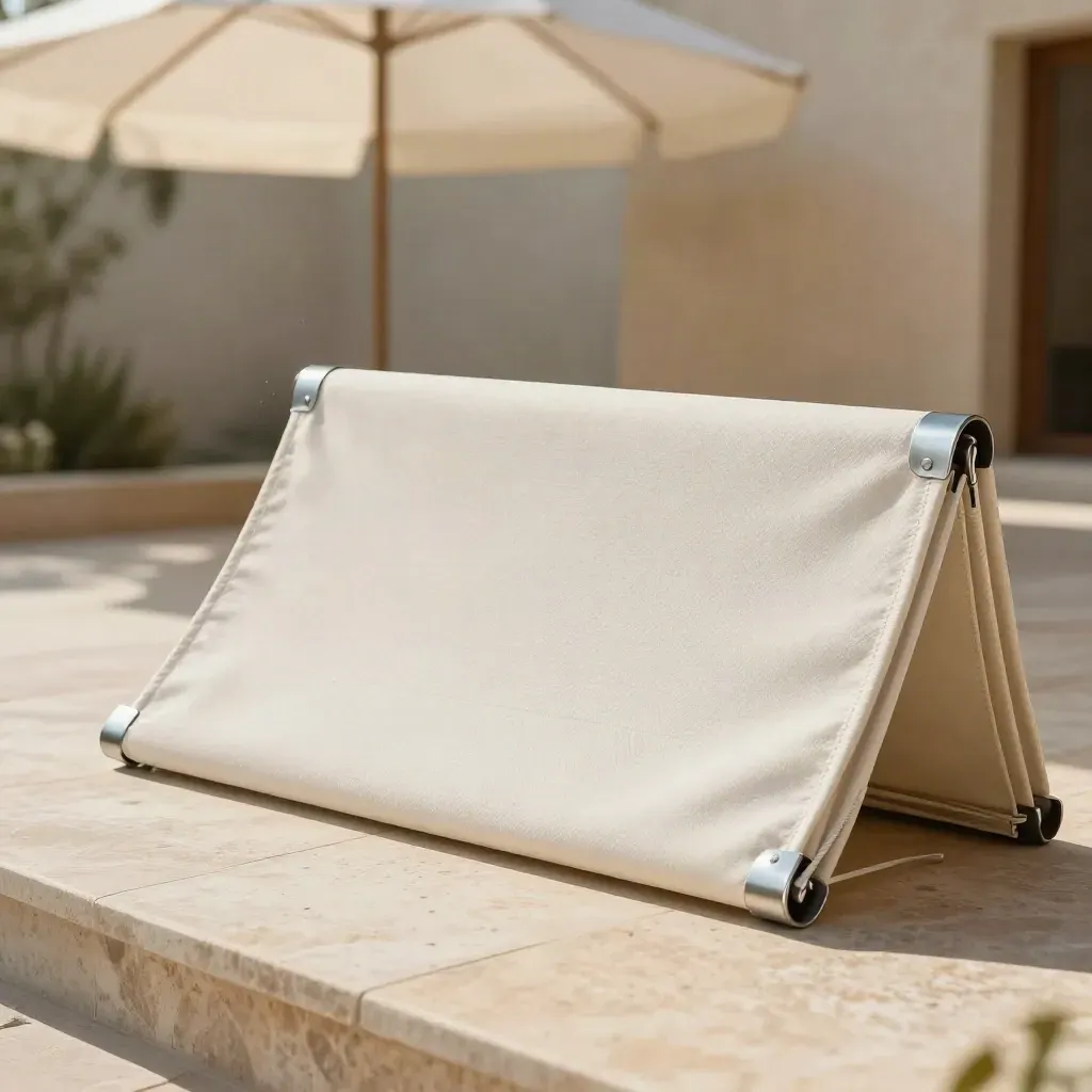 Sunlit travertine terrace with off-white shade canopy kit details and open copy space