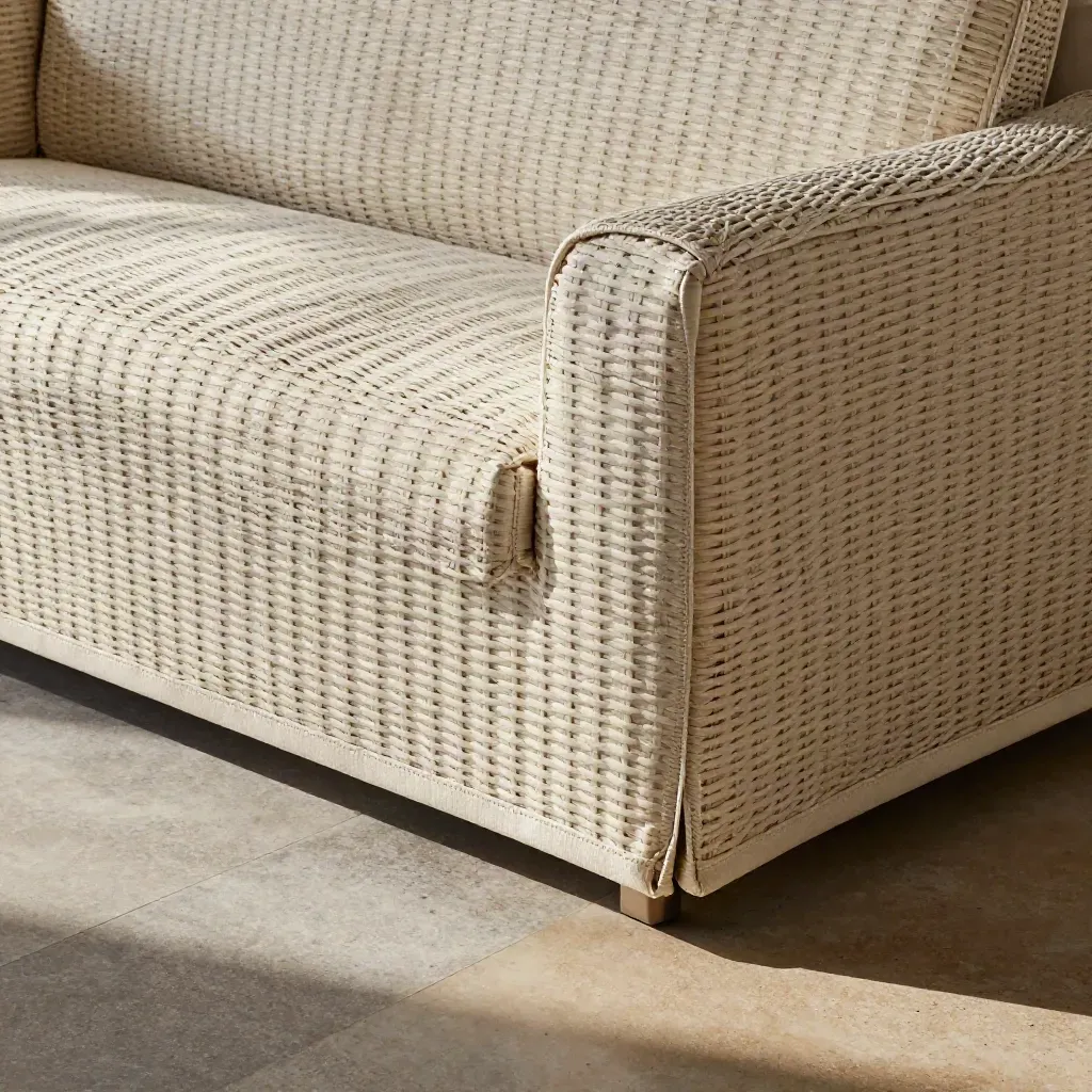 Heavy-duty wicker sofa cover folded on pale stone in a clean overhead product flatlay.