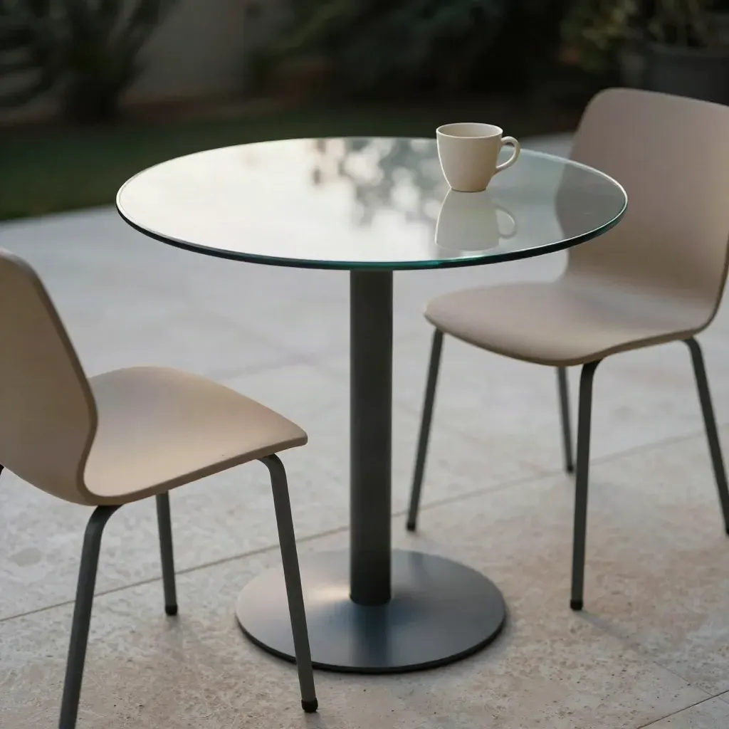 Glass-top bistro table with two chairs and a stoneware cup on a travertine terrace.