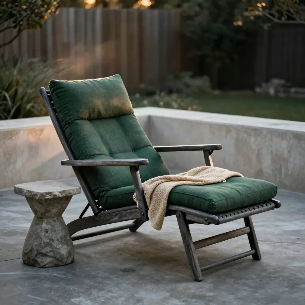Reclined outdoor lounge chair beside a side table on a concrete terrace at dusk