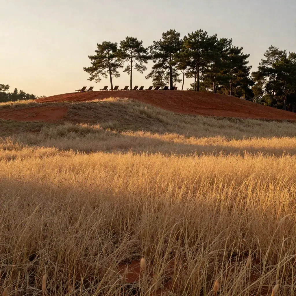 Golden hilltop lawn with blurred loungers, tall pines, and open copy space at sunset.
