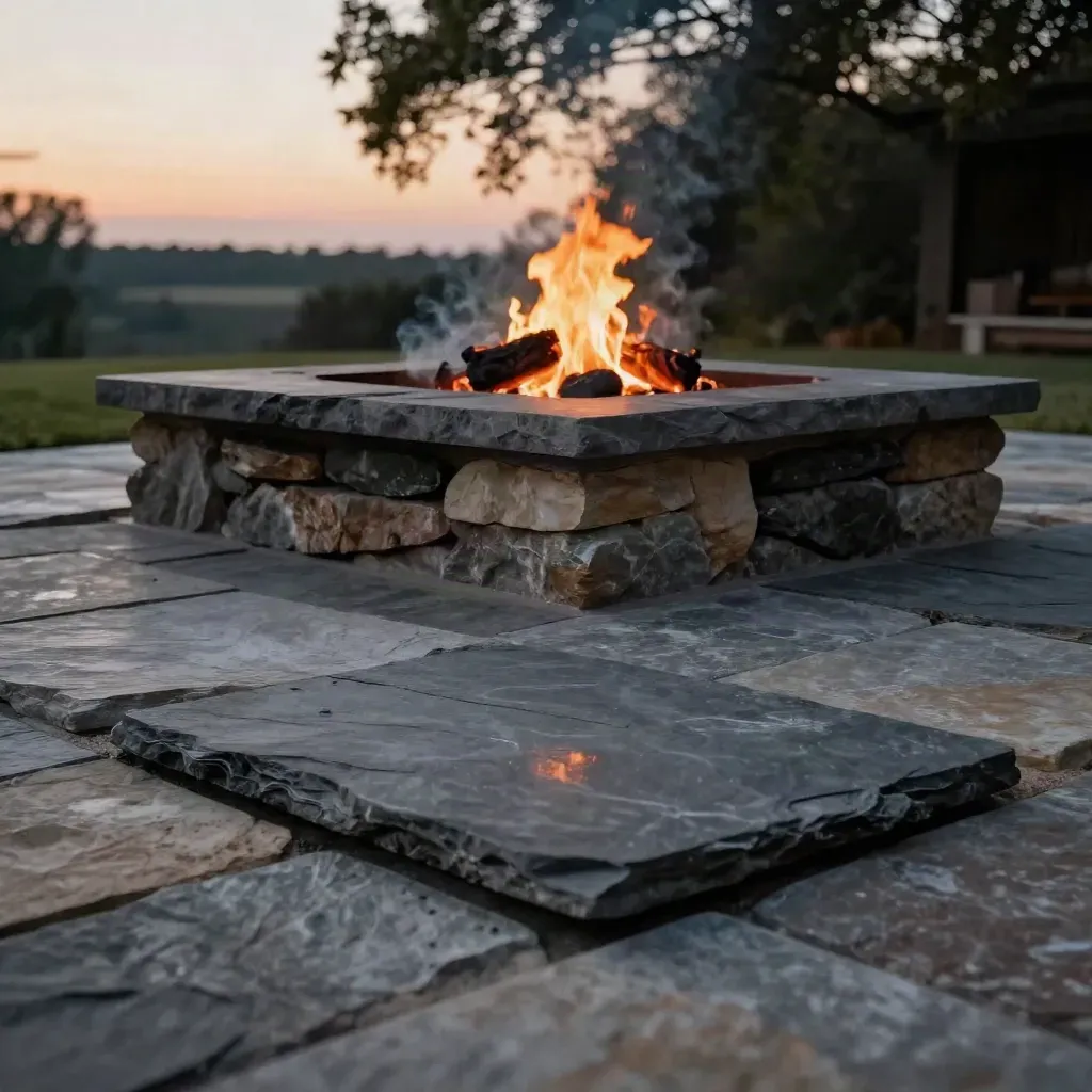 Stone fire pit patio at blue dusk with ember haze and maple blur