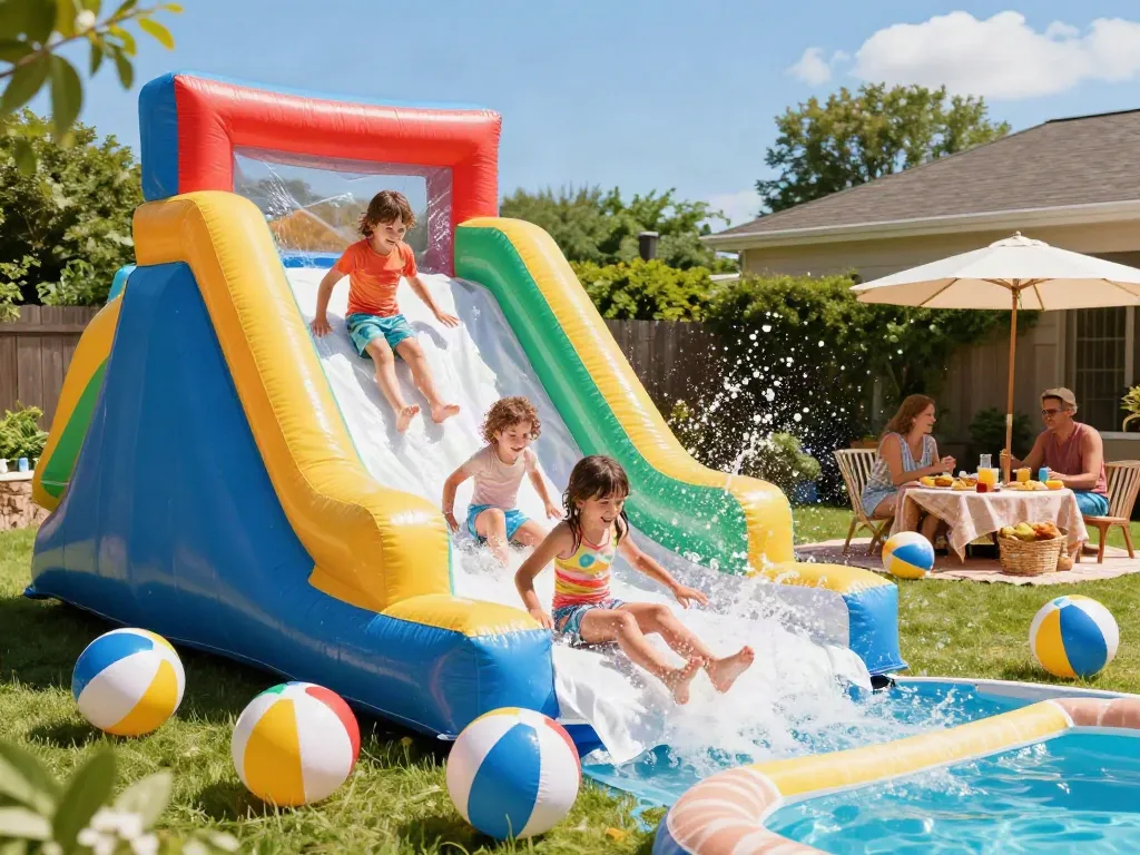 Children enjoying a slide water slide in a sunny backyard.