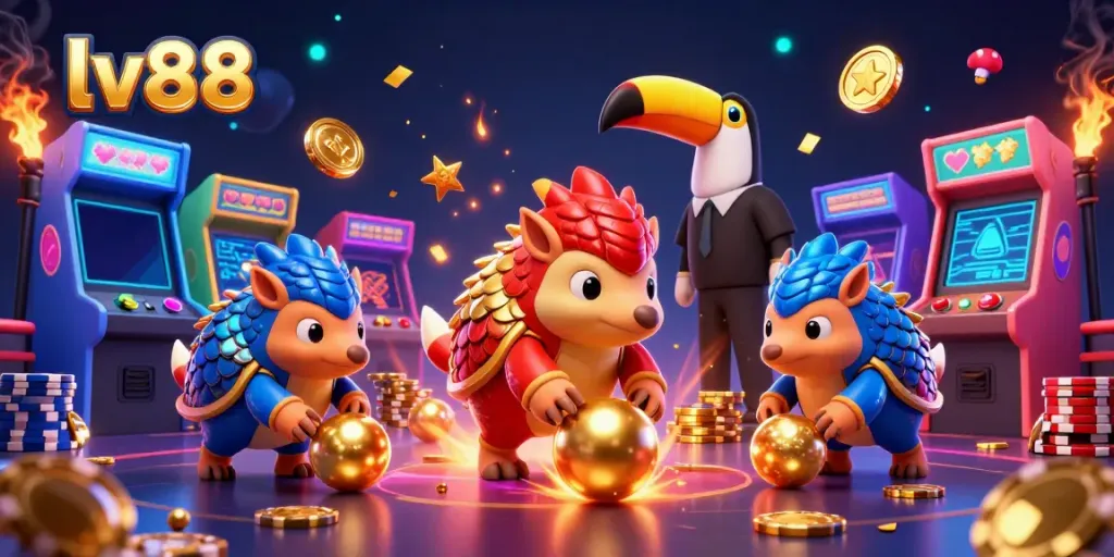 Engaging lv88 cartoon scene with rival pangolins bowling poker chips, showcasing energy and vibrant casino elements.