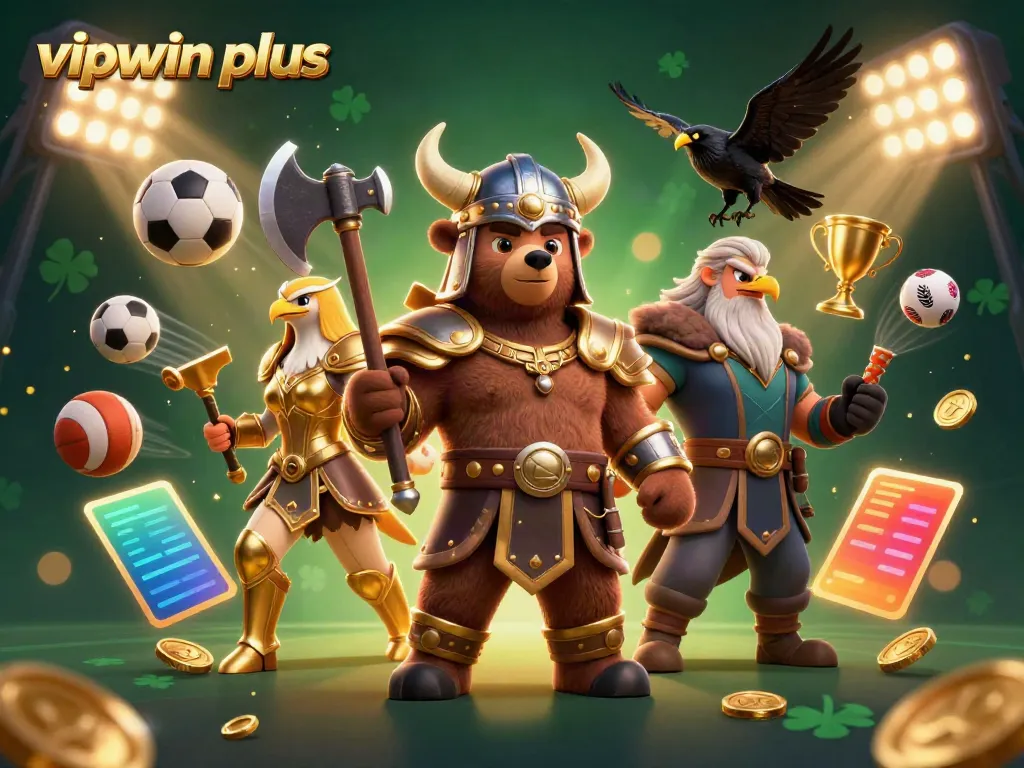 Experience the excitement of vipwin plus with a vibrant 3D casino scene featuring animated game elements and characters.