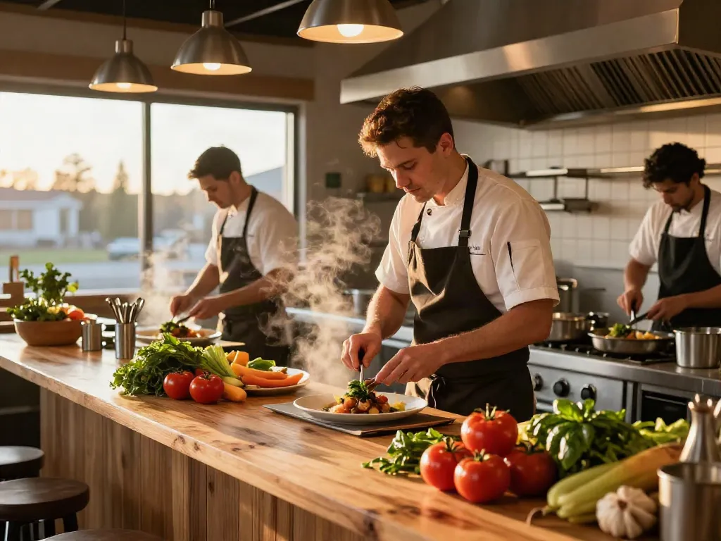 Best food franchise Alberta - chef preparing gourmet dish with fresh local ingredients in inviting kitchen.