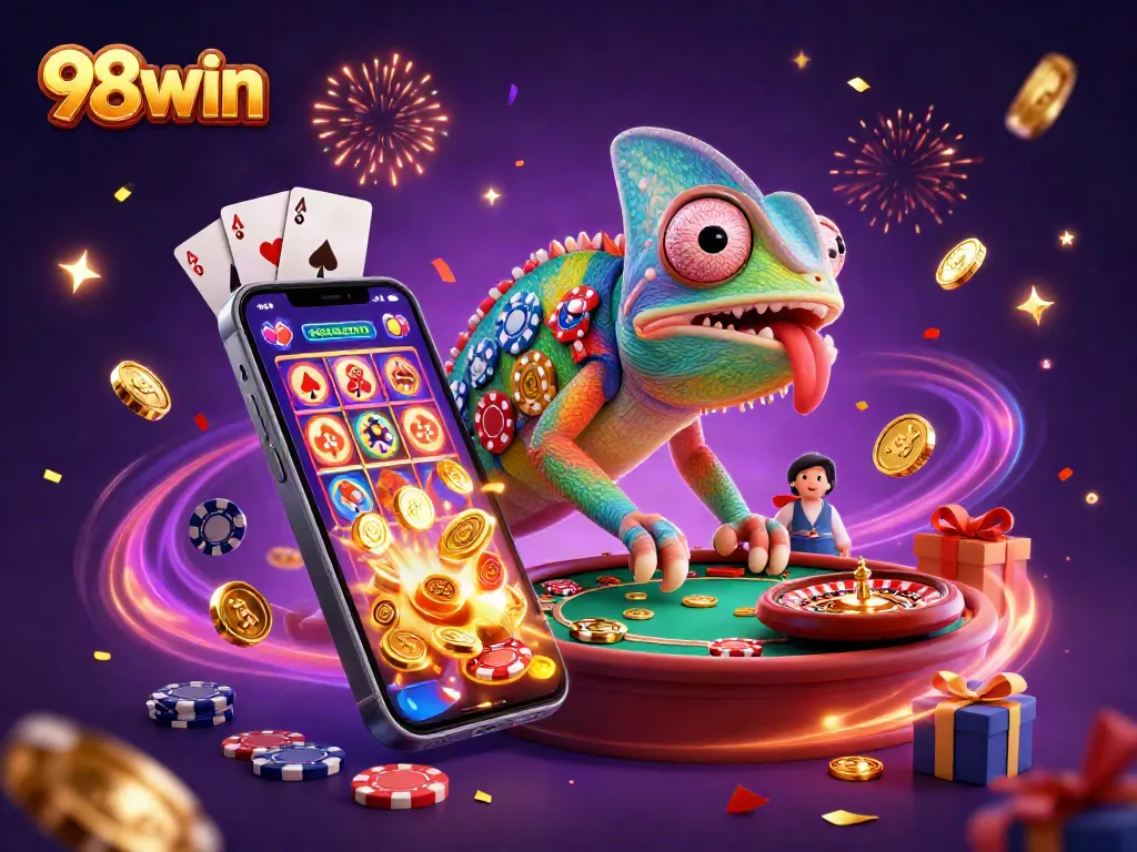 Engage with 98win's vibrant online casino experience, featuring colorful games and a dynamic chameleon mascot.