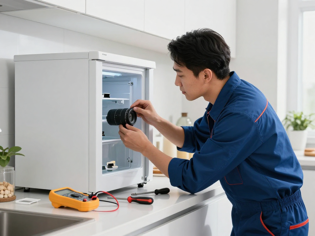 Expert ice maker repair technician diagnosing appliance issues in a bright kitchen.